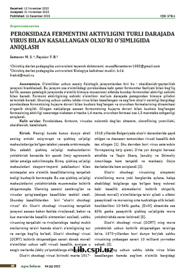 Peroksidaza fermentini aktivligini turli darajada virus bilan kasallangan olxo'ri o'simligida aniqlash