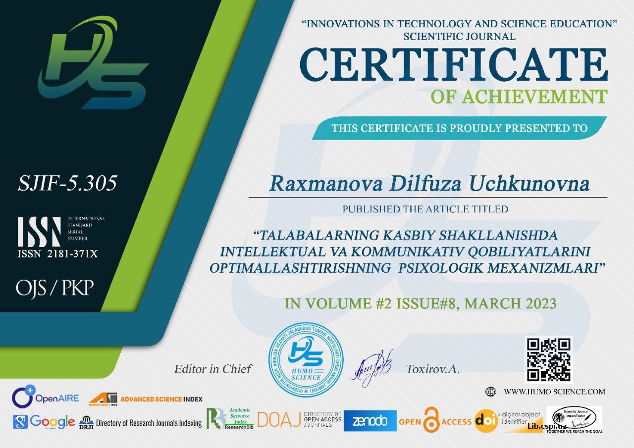 Talabalarning kasbiy shakillanishda intellektual va kommunikativ qobilyatlarini optimallashtirishning psixologik mexanizimlari