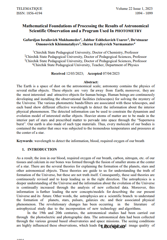 Mathematical Foundations of Processing the Results of Astronomical Scientific Observation and a Program Used In PHOTOMETRY