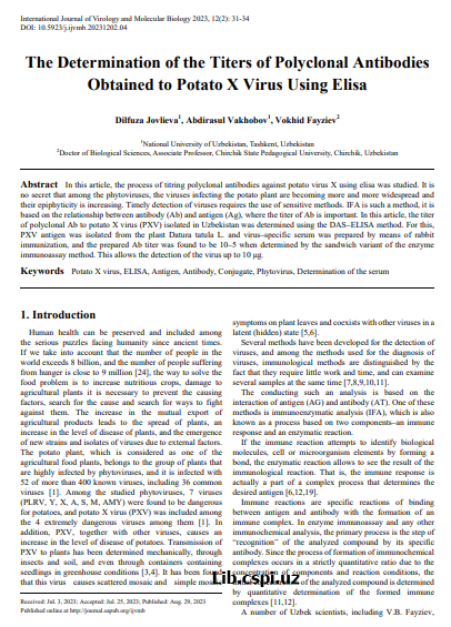 The  Determination of the Titers of Polyclonal Antibodies Obtained to Potato X Virus Using Elisa
