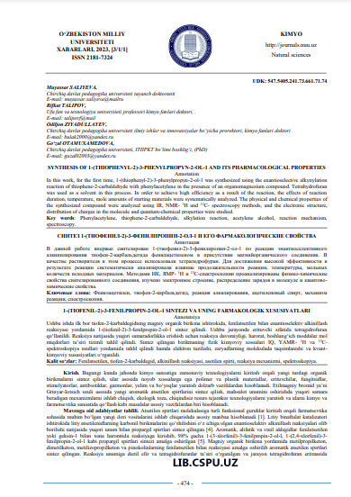 1-(TIOFENIL-2)-3-FENILPROPIN-2-OL-1 SINTEZI VA UNING FARMAKOLOGIK XUSUSIYATLARI