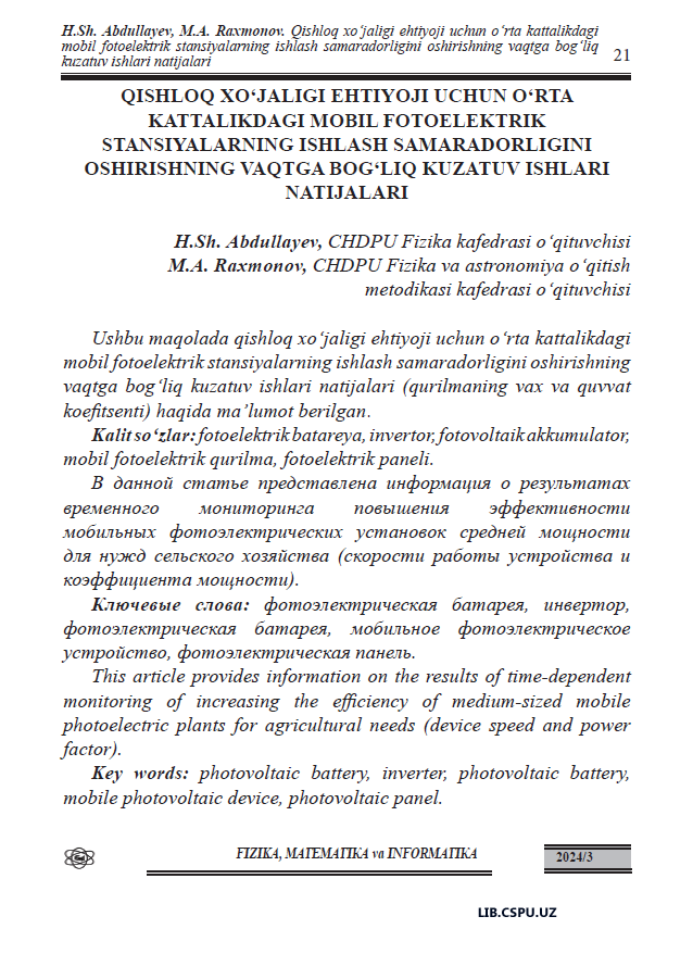 Qishloq xo'jaligi ehtiyoji uchun o'rta kattalikdagi mobil fotoelektrik stansiyalarning ishlash samaradorligini oshrishninh vaqtga bog'liq kuzatuv ish