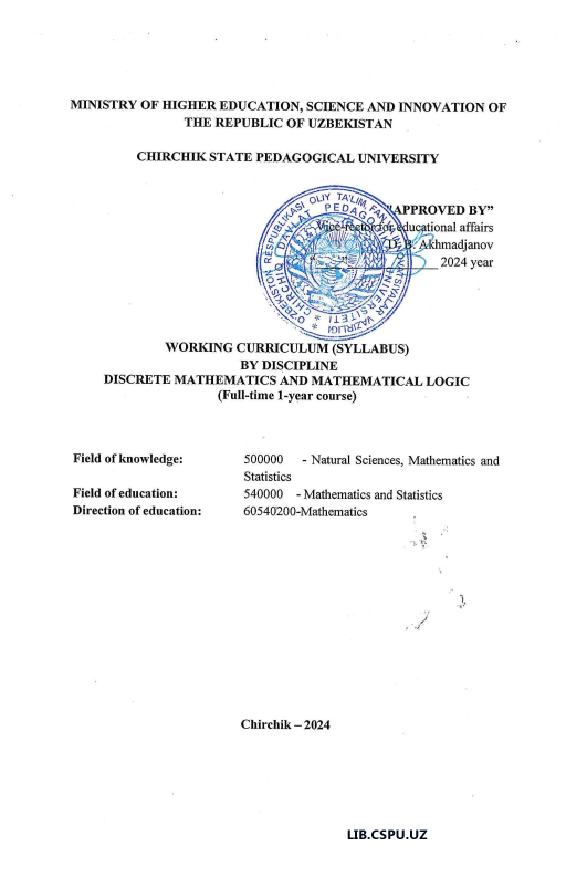 WORKING CURRICULUM (SYLLABUS)  BY DISCIPLINE  DISCRETE MATHEMATICS AND MATHEMATICAL LOGIC (Full-time 1-year course)
