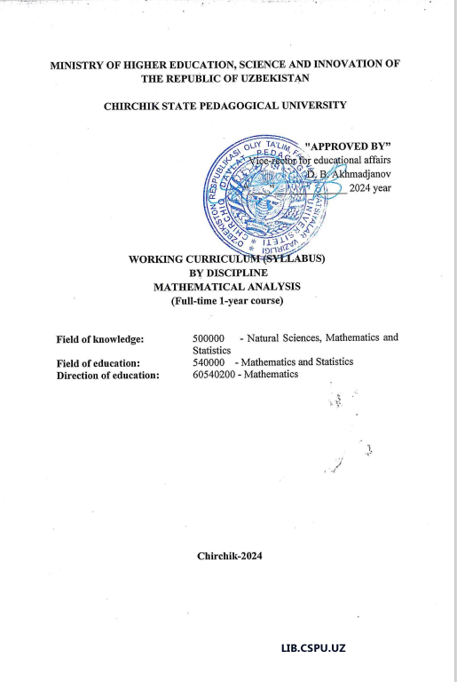 WORKING CURRICULUM (SYLLABUS)  BY DISCIPLINE MATHEMATICAL ANALYSIS (Full-time 1-year course)