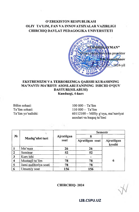 EKSTREMIZM VA TERRORIZMGA QARSHI KURASHNING MA’NAVIY-MA’RIFIY ASOSLARI FANINING ISHCHI O‘QUV DASTURI(SILABUSI) Kunduzgi, 4-kurs