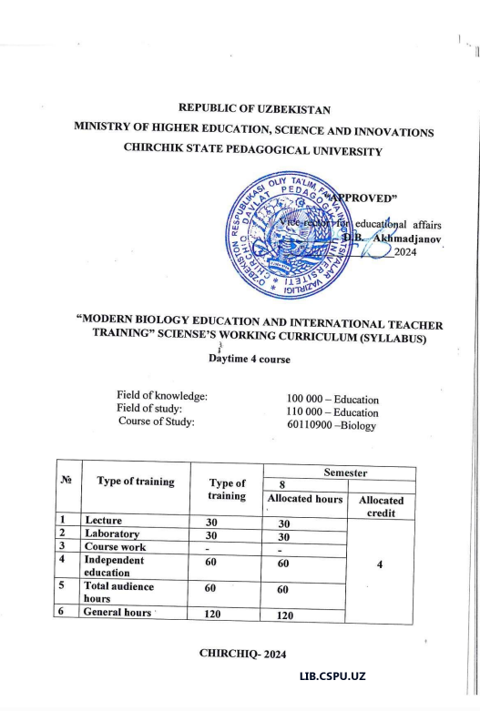 "MODERN BIOLOGY EDUCATION AND INTERNATIONAL TEACHER TRAINING” SCIENSE'S WORKING CURRICULUM