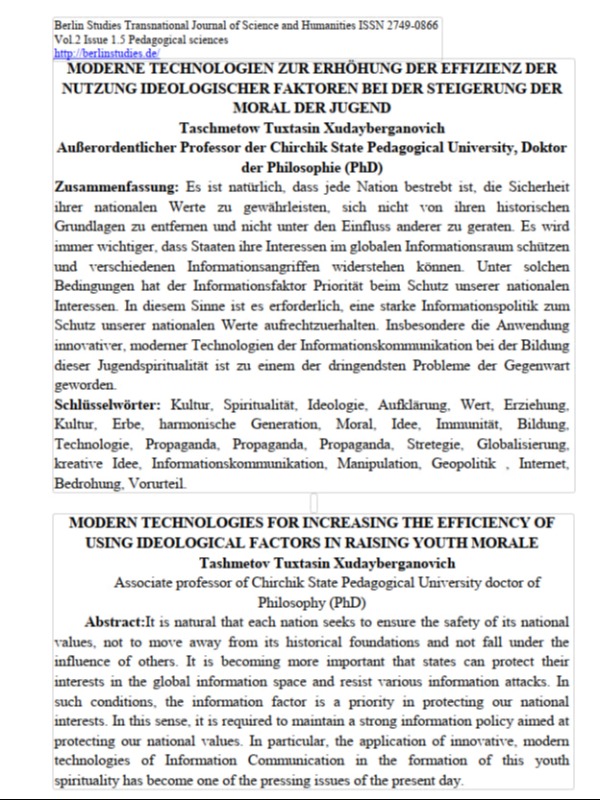 Moderne technologien zur erhöhung der effizienz der nutzung ideologischer faktoren bei der steigerung der moral der jugend