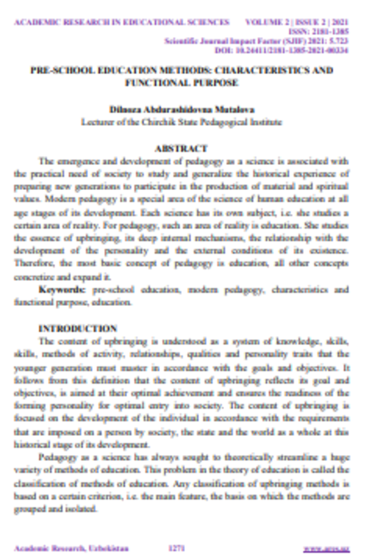 Pre-Sshool education methods: characteristics and  functional  purppse