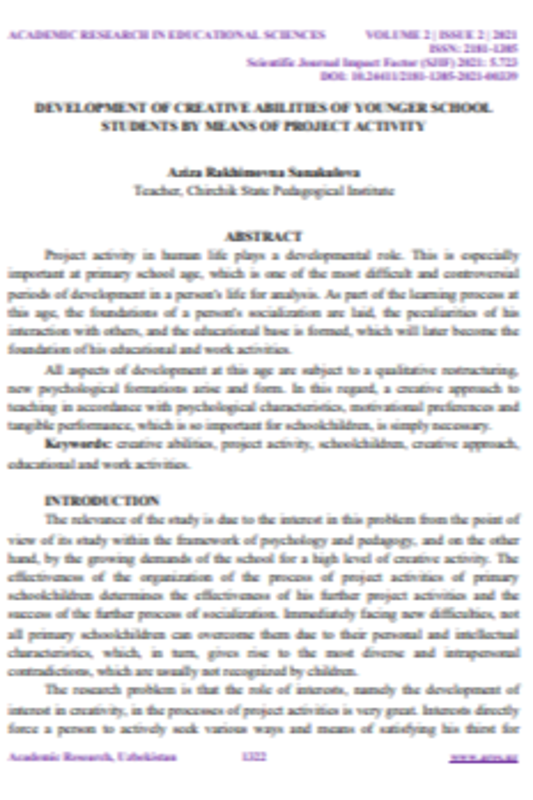 Development of  creative abilities of younger school  students by means of project activiry