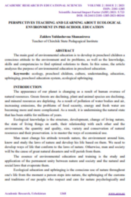 PERSPECTIVES TEACHING AND LEARNING ABOUT ECOLOGICAL ENVIRONMENT IN PRE-SCHOOL EDUCATION