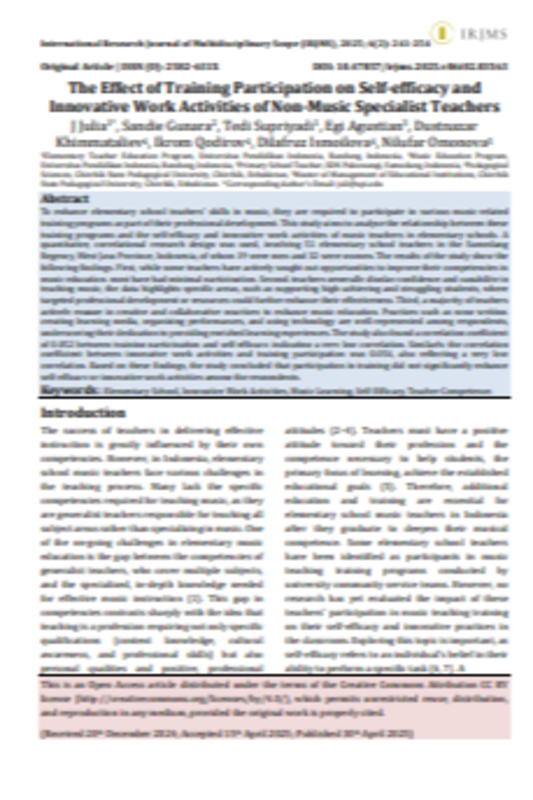 The Effect of Training Participation on Self-efficacy and Innovative Work Activities of Non-Music Specialist Teachers