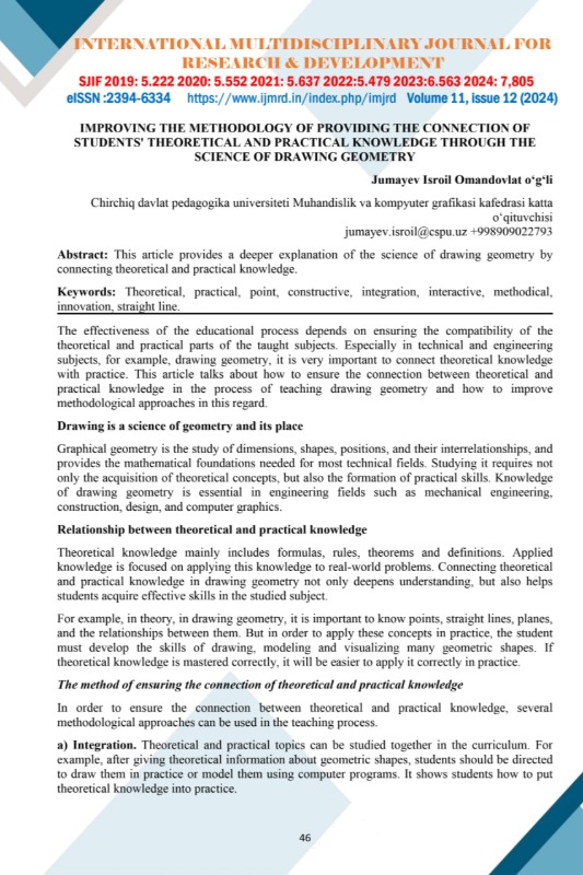 IMPROVING THE METHODOLOGY OF PROVIDING THE CONNECTION OF STUDENTS' THEORETICAL AND PRACTICAL KNOWLEDGE THROUGH THE SCIENCE OF DRAWING GEOMETRY