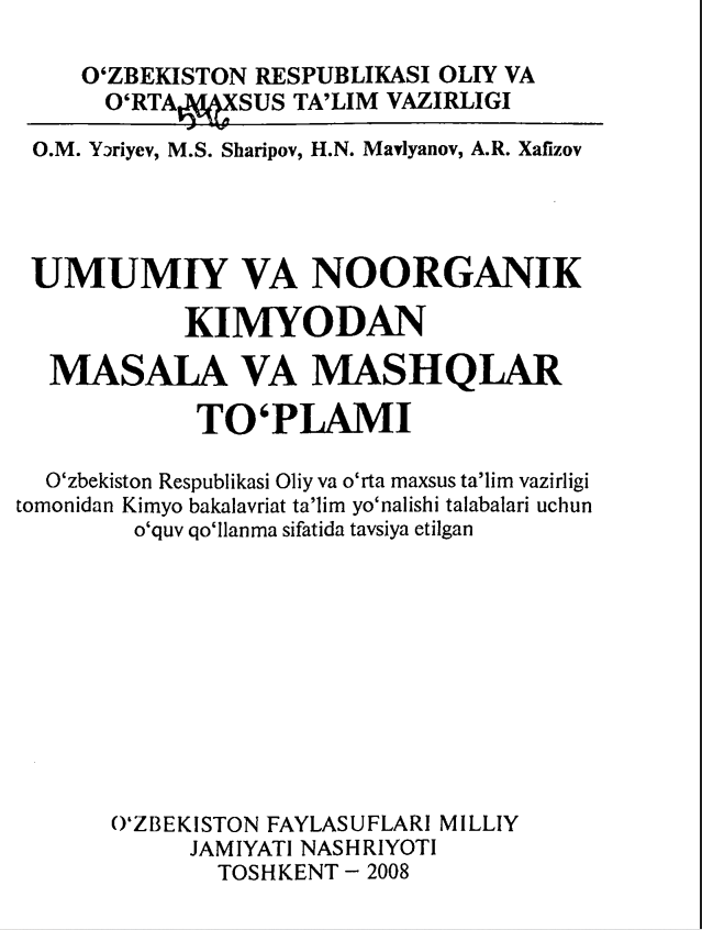Umumiy va noorganik kimyodan masala va mashqlar to'plami