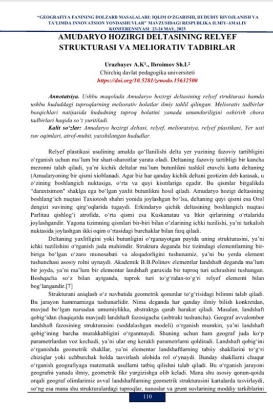 AMUDARYO HOZIRGI DELTASINING RELYEF  STRUKTURASI VA MELIORATIV TADBIRLAR