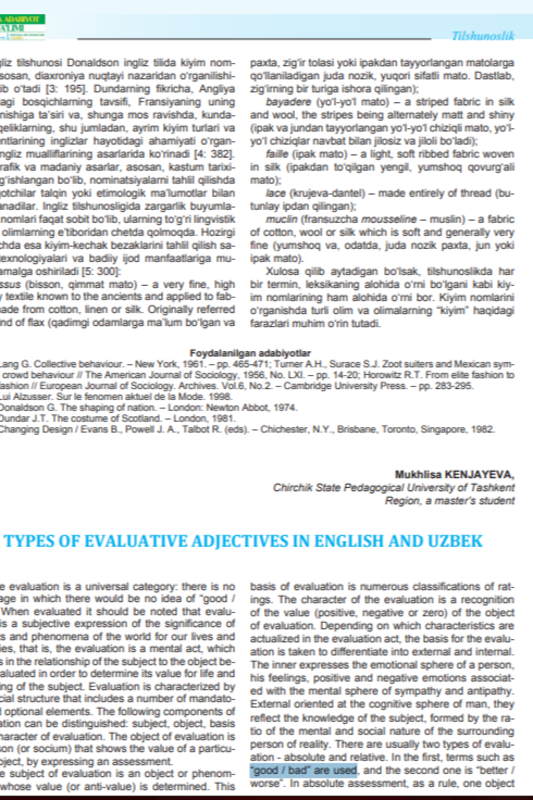 Types of evaluative adjectives in english and uzbek
