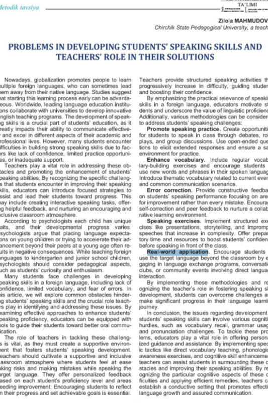 Problems in developing student's speaking skills and teachers role in their solutions