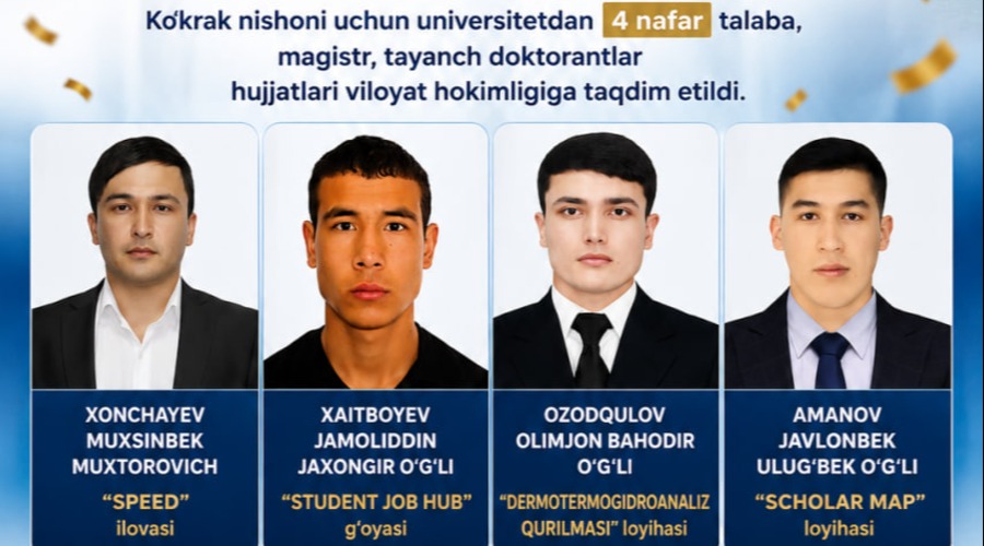 “INNOVATSION G‘OYALAR YETAKCHISI” KO‘KRAK NISHONI UCHUN HUJJAT TOPSHIRGAN TALABALARNI TOSHKENT VILOYATI HOKIMLIGIGA TAVSIYA QILINDI.