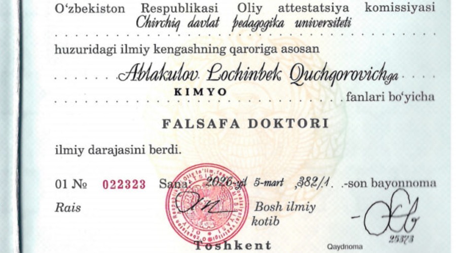 Ablakulov Lochinbek Qo'chqorovich- Kimyo fanlari falsafa doktori (PhD) ilmiy darajasini oldi