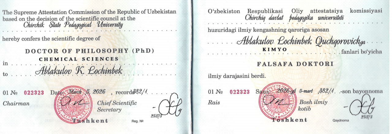 Ablakulov Lochinbek Qo'chqorovich- Kimyo fanlari falsafa doktori (PhD) ilmiy darajasini oldi Gallery Image