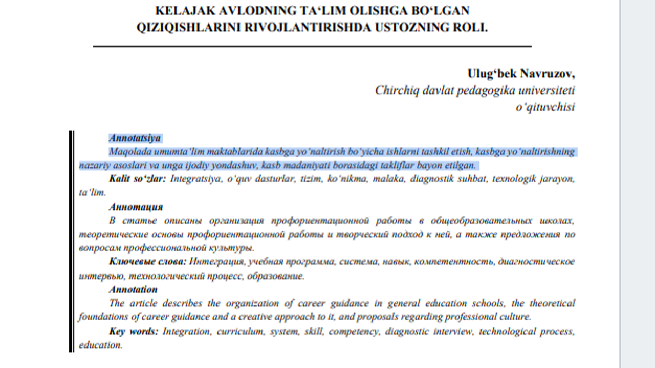 KELAJAK AVLODNING  TAʻLIM OLISHGA BOʻLGAN QIZIQISHLARINI  RIVOJLANTIRISHDA USTOZNING ROLI